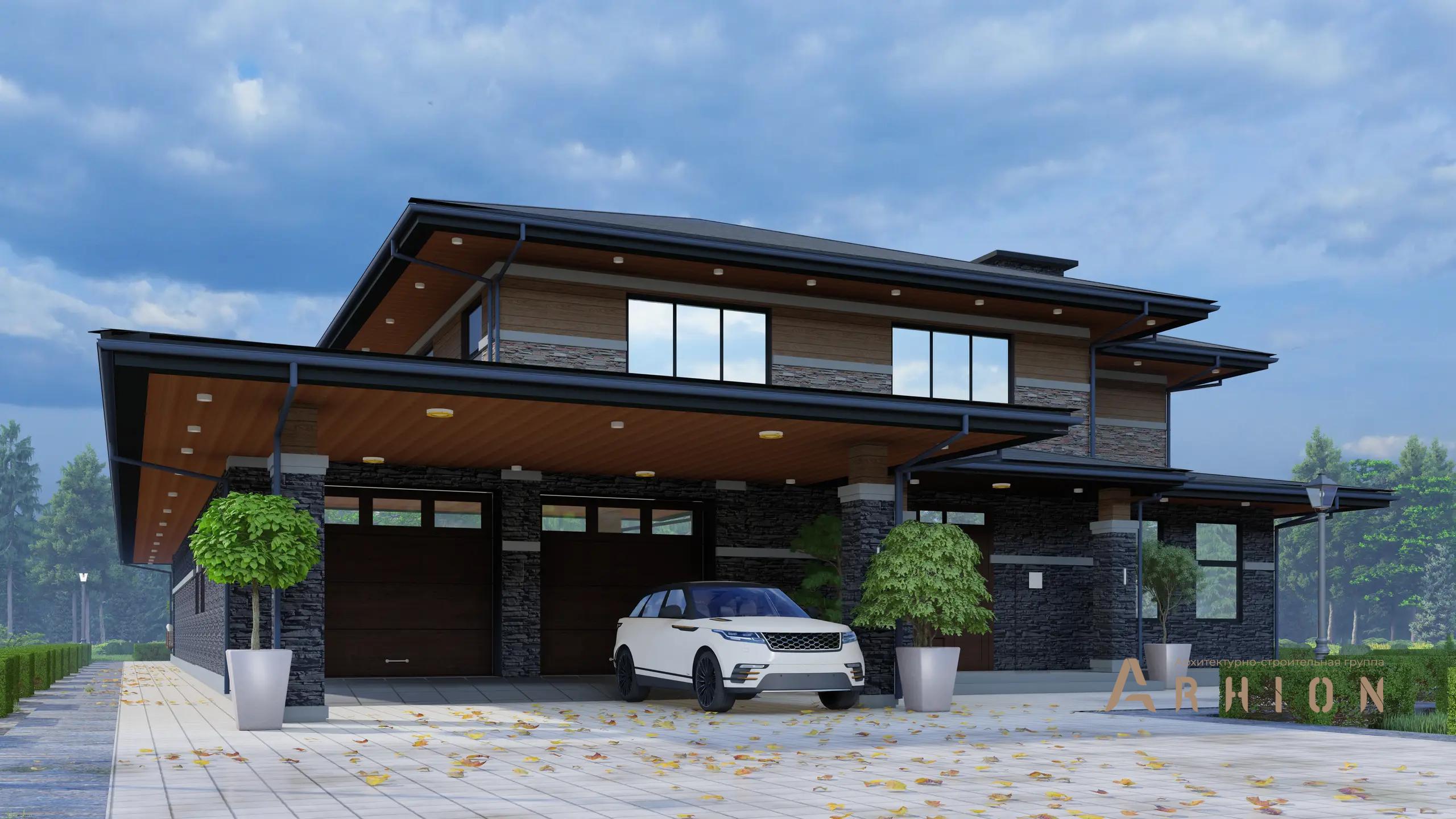 8. Проект двухэтажного дома в стиле Ллойда Райта (прерий) с четырехскатной, h-1604, площадью - 433 кв c сауной, терассой, гаражом, бассейном